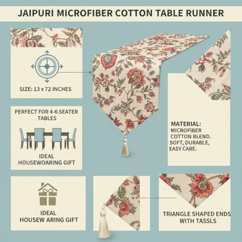 Image of COZY FURNISH Luxury Floral Table Runner for Dining Table - Soft Microfiber Cotton Table Runner with Tassels | Decorative Runner for Kitchen & Centre Table