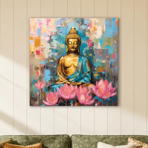 Image of PAINTINGMANTRA Golden Buddha Painting for Living Room, Buddha wall Art Painting for living room, Bedroom, office and Meditation Room, Canvas, 22x22 Inch