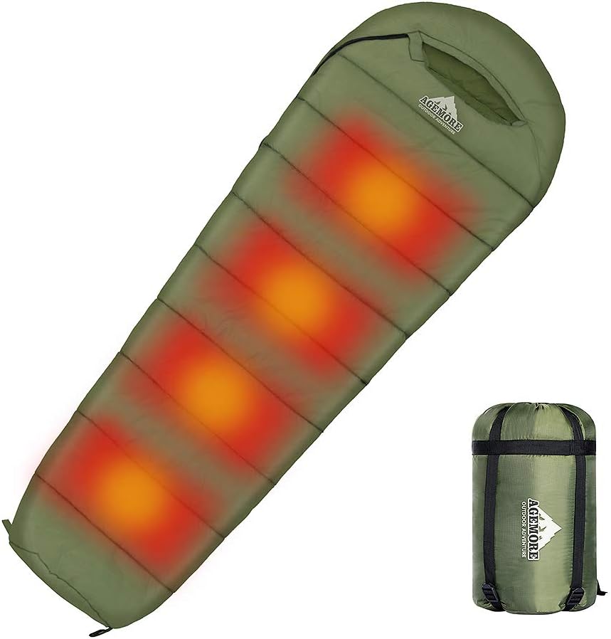 Mummy Sleeping Bag with Composite Fiber Heating Plate, Compression Sack for 3-4 Season Lightweight, Water Resistant & Warm for Camping, Hiking, Traveling and Outdoors（Power Bank NOT Included）