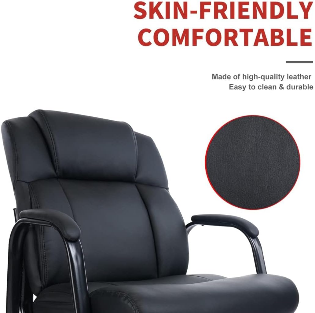 CLATINA Big and Tall Office Chair 400lbs Leather Reception Chair with Bonded Padded Armrest Wide Seat Sled Base Desk Chair No Wheels for Reception Conference Waiting Room Side Office Home Black