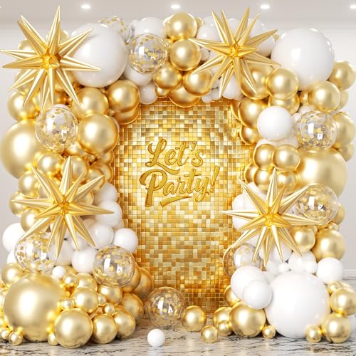 Image of White and Gold Balloon Arch Garland Kit 153pcs with Star, 22 18 12 10 5in Different Size White Metallic Gold Confetti Latex Balloons for Birthday Anniversary Wedding Baby Shower Decoration