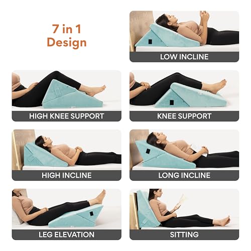 Image of FOVERA Adjustable 9 & 12 Inch Memory Foam Bed Wedge Pillow for Acid Reflux, GERD, Snoring, Coughing, Heartburn, Back, Leg and Knee Pain, Post Surgery (Aqua Green, XL Size - 24 x 28 x 12 Inch)