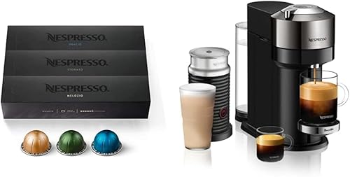 Nespresso Vertuo Next Deluxe - Cafetera y espresso de cromo puro con espumador de leche Aeroccino y cápsulas Nespresso VertuoLine, café tostado