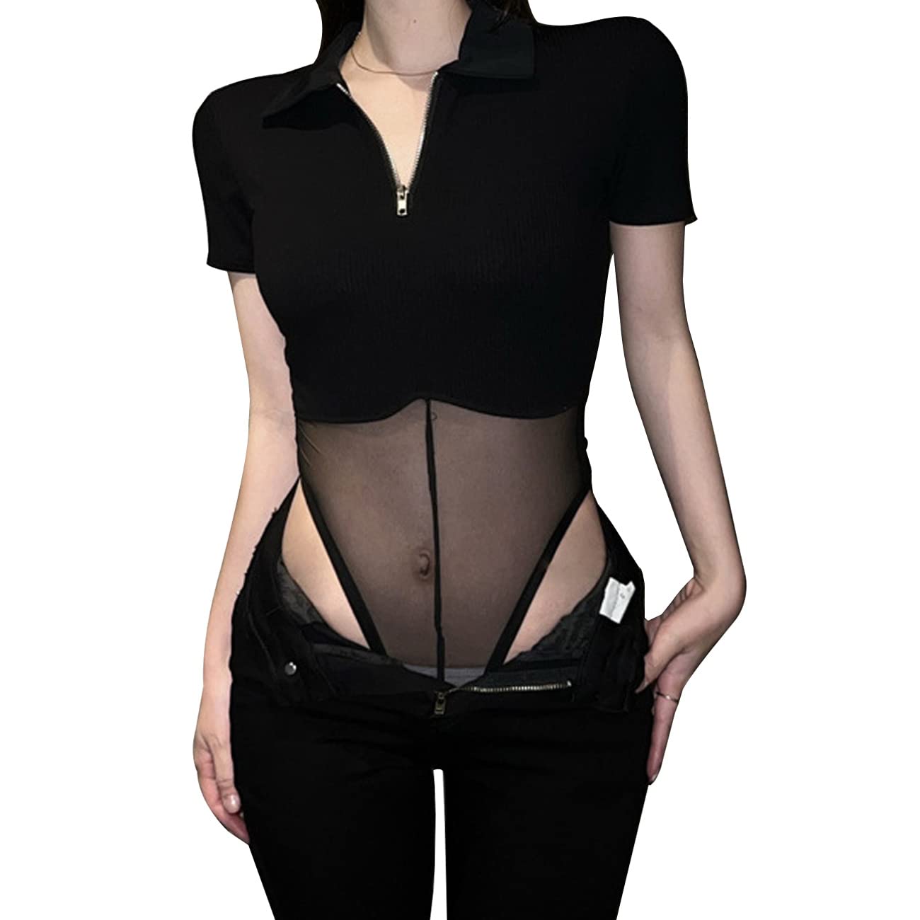 BKEPDY Body Mujer Manga Corta con Cremallera Sexy Malla Elástica Ropa Interior Body Mono Leotardo Backless Jumpsuit Fashion Tops Para Fiesta Out Tops