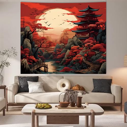 Apdidl Tapeçaria japonesa de anime preto vermelho para estética de quarto, pôr do sol escuro florest