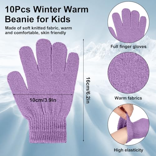 Image of JaGely Kids Beanie and Glove Set Winter Snow Warm Hat and Gloves Unisex Knit Hat with Pompom Full Fingers Ski for Boys Girls