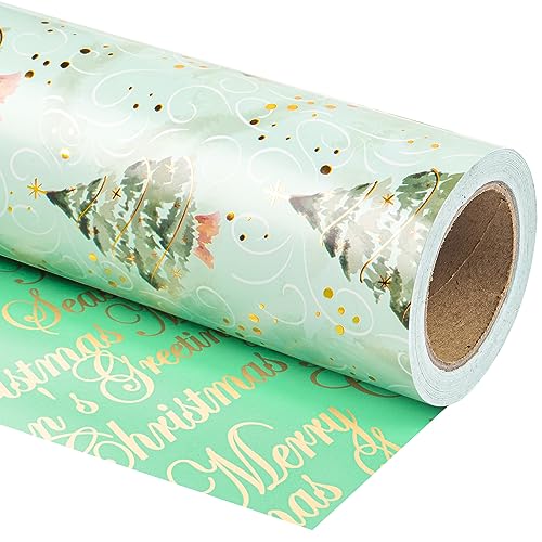 RUSPEPA Papel De Regalo Navideño Reversible - Mini Rollo - 43,2 Cm X 10 M - Árbol De Navidad Verde Acuarela Y Feliz Navidad con Brillo De Lámina Metálica para Vacaciones, Fiestas, Celebraciones
