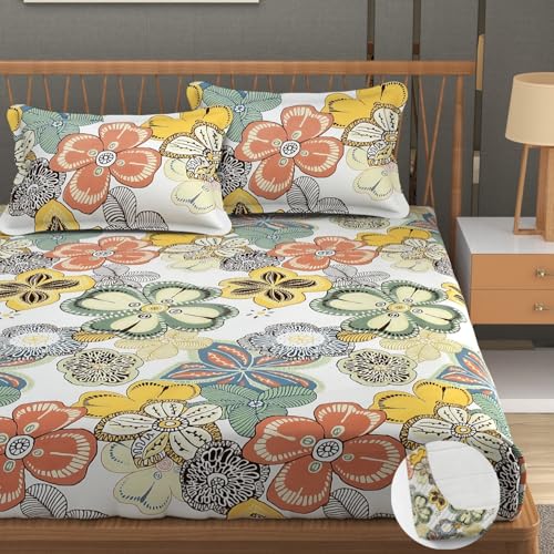 Image of Vram Premium Heavy Cotton Elastic Fitted Bedsheets with 2 King Size Pillow Covers || Double Bed with All Around Elastic 350 TC || 72 x 72 x 10 Inch King Size Fitted || :- Cream Big Flower