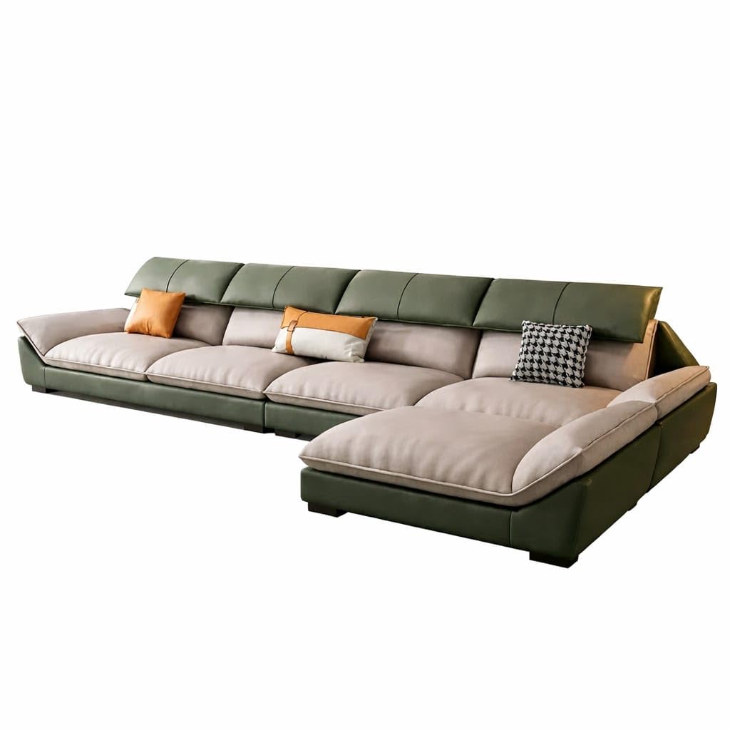 โ Nordic Style Modern Leather Sofa Couch for Living Room, Luxury Minimalist 3-Seater Upholstered Couch, Contemporary Nordic Design Lounge Sofa for Home & Apartment (Green & Biege)