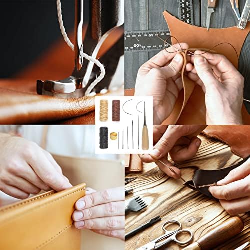 Leather Sewing Needle 12PCS 12m Waxed Thread Kit Cord Drilling Awl Thimble Curved Needle for Upholstery Carpet Furs Canvas Repair DIY Leather Hand Stitching Embroidery Bookbinding