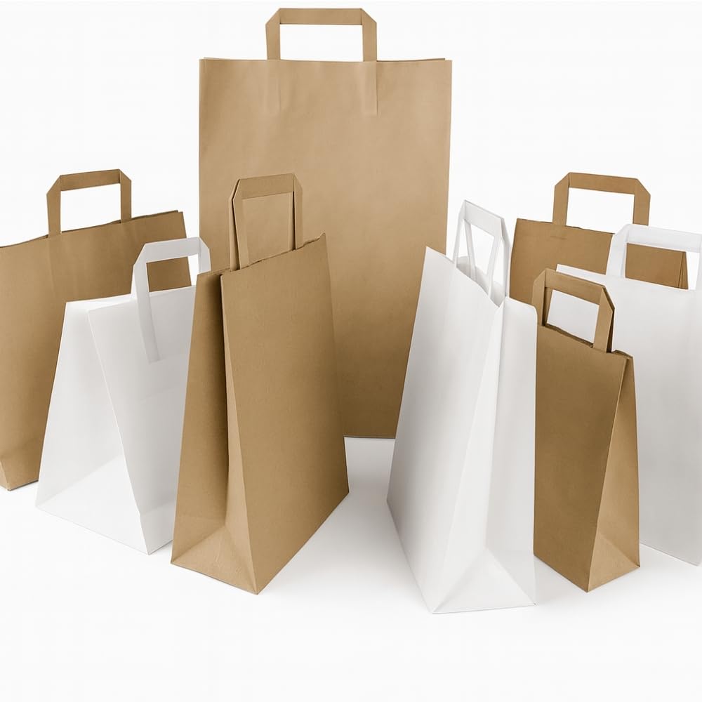 Commerline Bolsas de Papel Kraft | 32+16x44 cm, 250 Unidades, Marrón | Bolsas de Regalo | Sacos de Transporte con Asa | Sacos Reutilizables