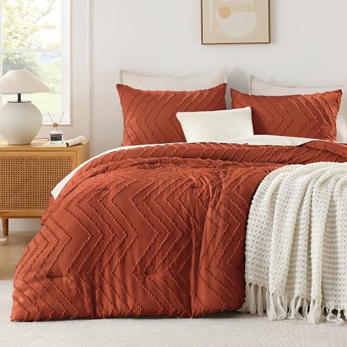 Image of Andency Burnt Orange Full Comforter Sets, Boho Terracotta Soft Warm Bedding Comforter Sets for Full Bed, 3 Pieces Rust Chevron Tufted Aesthetic Microfiber Lightweight Comforter Set