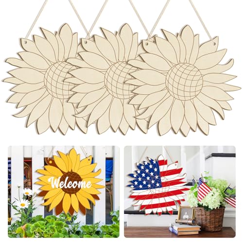 Large Size 12 Wooden Spring Ornaments to Paint Flower Wooden DIY Blank Unfinished Round Wood Discs Ornament for Crafts Hanging Decorations(3PCS)