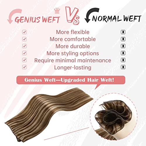 Fshine Genius Weft Tessitura Extension Medio Marrone e Caramello Blond Highlights 45cm 50g Extension Capelli Veri Mastassa Balayage Professionale Capelli per Bambina Hair Extension
