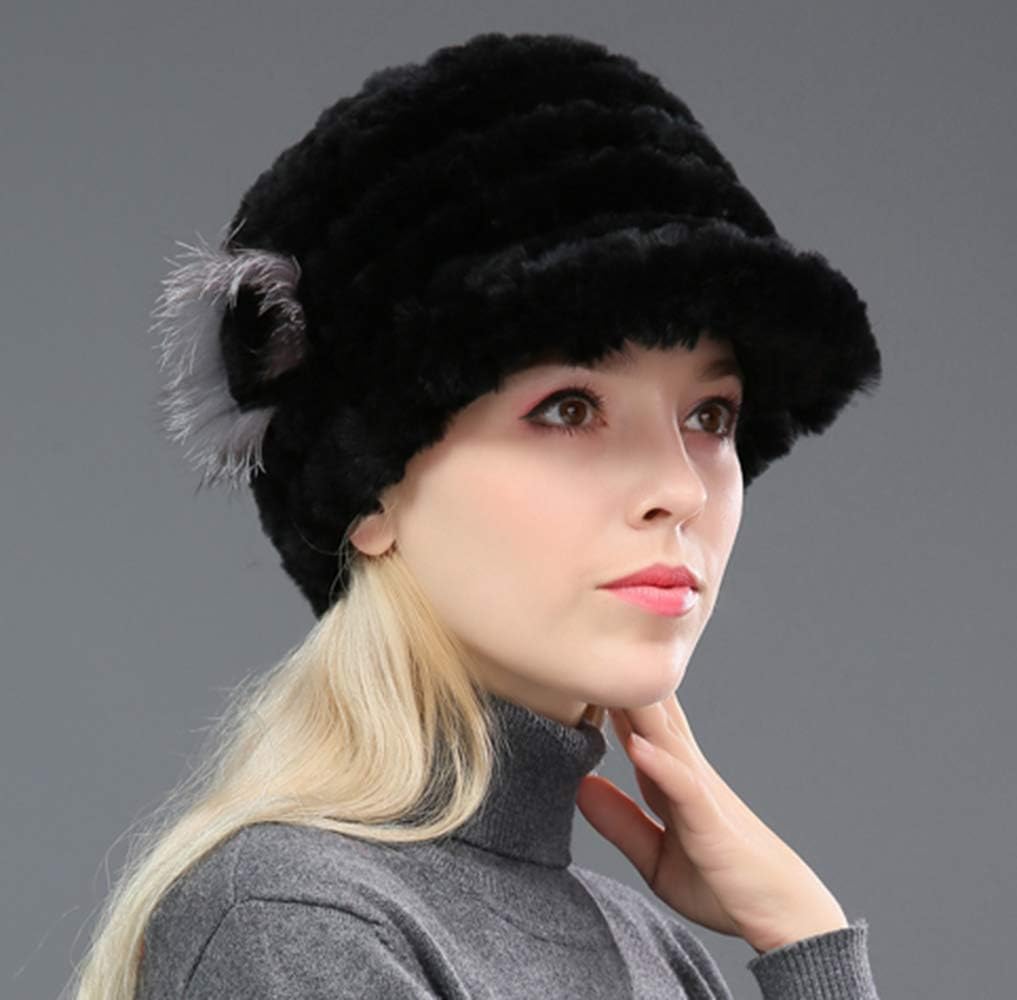 Women's Real Rex Rabbit Hair Knit Hat Elastic Cap for Winter Warm Visor