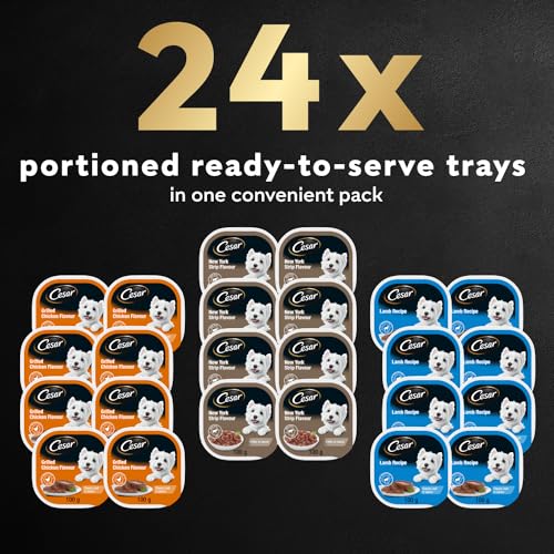 CESAR Classic Loaf in Sauce Adult Wet Dog Food Variety Pack, with 8 Grilled Chicken Flavour, 8 NY Strip Flavour & 8 Lamb Recipe, 24x100g Trays image 5