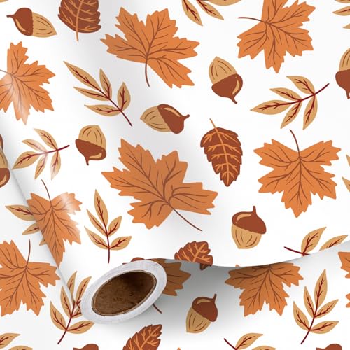 RUSPEPA Fall Leaves Wrapping Paper Roll, Mini Roll, Autumn Maple Leaves and Acorns Design Gift Wrap Paper for Thanksgiving, Fall Birthday, Harvest Party, 43.2cm x 5m