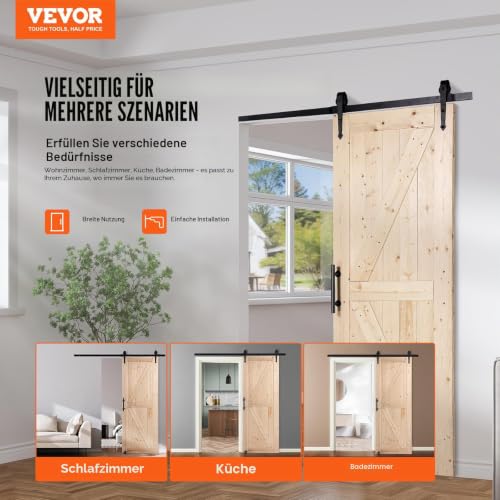 VEVOR Scheunentor und Hardware-Set Schiebetürsystem, 762 x 2133,6 mm Holz-Schiebetor, sanft und leise, Scheunentor-Set mit 8-in-1-Bodenführung und Türgriff, Fichtenholz-Platte