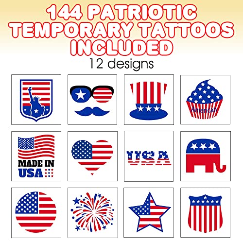 Artcreativity Patriotic Tattoos For Kids, Bulk Pack Of 144, July 4Th Party Favors, Non-Toxic 1.5 Inch Temporary Tats, Red, White, And Blue Accessories For Memorial, Veterans Day, Assorted Designs #TOP1