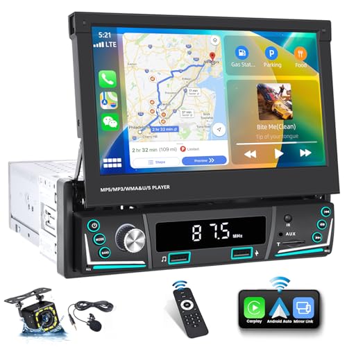 UNITOPSCI Single Din Flip Out 7 Inch Touchscreen Car Stereo Wireless Apple CarPlay Android Auto Bluetooth 5.1 Car Radio MP5 Player Mirror Link FM Dual USB AUX DVR+Backup Camera Mic Remote Control