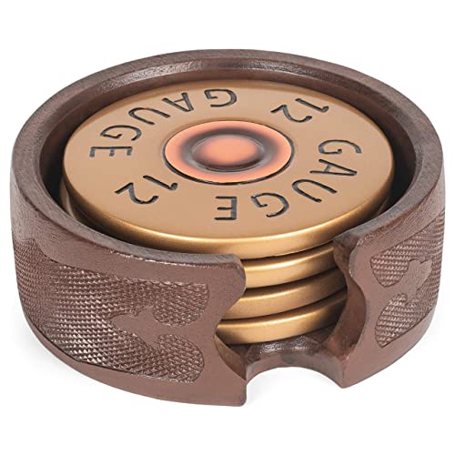 Demdaco Shotgun Shell Big Shot Bronze Tone 5 x 5 Resin Stone Coasters Set of 4