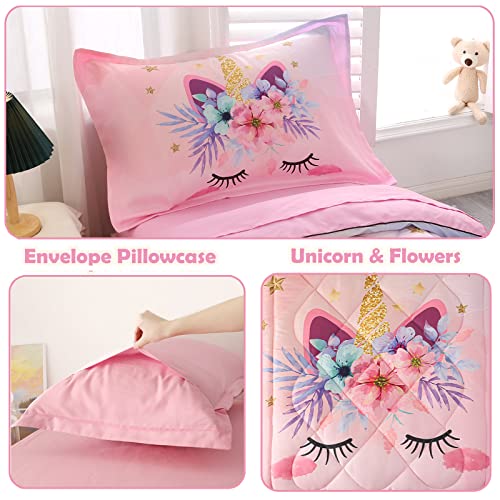Kinbedy 4 Piece Unicorn Toddler Bedding Sets For Girls Pink Floral Cartoon Bed Sheets Toddler Bed Comforter Set For Baby Girls Bedroom Set | Include Comforter, Flat Sheet, Fitted Sheet, Pillowcase #TOP3