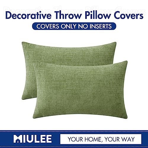 Image of MIULEE Pack of 2 Couch Throw Pillow Covers 12x20 Inch Spring Soft Sage Green Chenille Lumbar Pillow Covers for Sofa Living Room Solid Dyed Cases