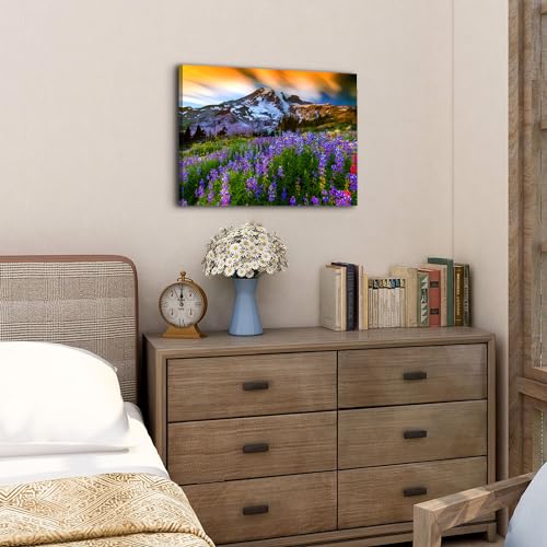 Image of Mt Rainier Mountain Wall Art Sunset Nature Picture Canvas Prints for Living Room Modern Office Home Decor Natural Poster Purple Wildflower Scenic Painting Wilderness Artwork Bedroom Decoration 12x16 inch