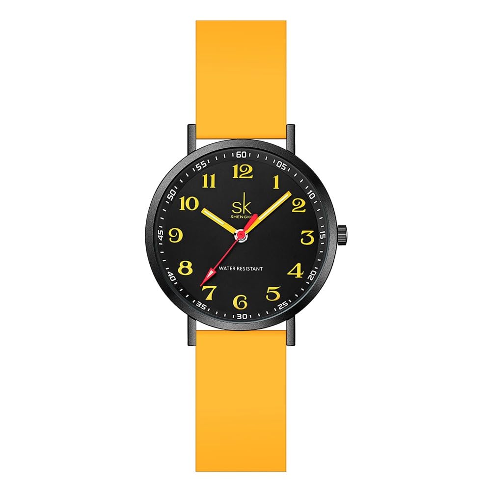 SHENGKE Reloj deportivo casual para mujer, resistente al sudor, con esfera de fácil lectura y correa de silicona, resistente al agua, Negro Amarillo, Deporte