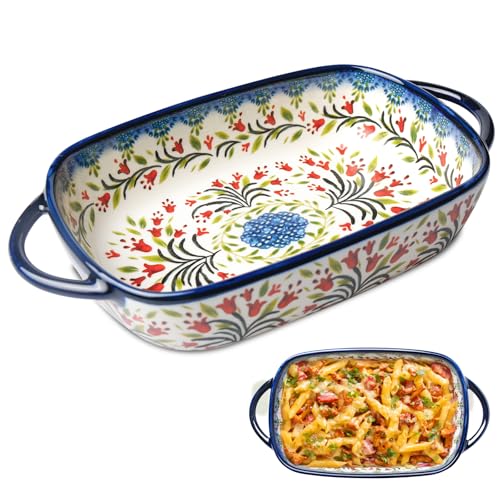 Fuente de cerámica rectangular atributos de cerámica para hornear, con asas, funcionalidad vintage, para cocina y mesa de comedor (mango doble, 23,5 x 13 x 5 cm)