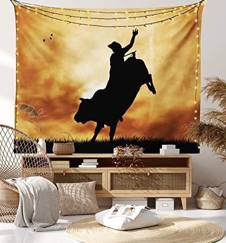 Lunarable Western Tapestry, Bull Rider Silhouette At Sunset Dramatic Sky Rural Countryside Landscape Rodeo, Fabric Wall Hanging Decor For Bedroom Living Room Dorm, 45" X 30", Amber Black #TOP7