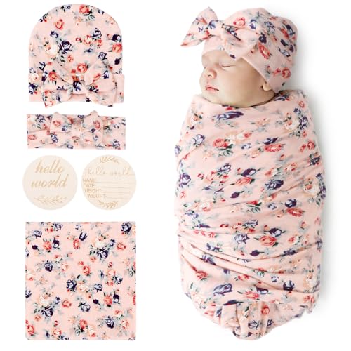 Image of DRESHOW BQUBO Baby Girl Newborn Receiving Blanket with Bow Hat Headband Wooden Birth Announcement Card Set Baby Floral Print Nursery Swaddle Wrap