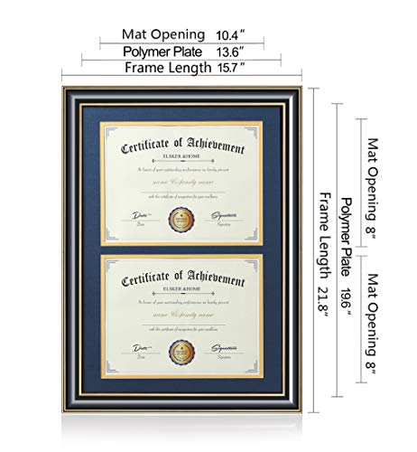 Image of ELSKER&HOME Double Diploma Frame for Two 8.5x11 with Navy Mat,Wood Black | Double Mat, Navy Mat with Golden Rim for Two 8.5x11 Inch with Mat and 13.5x20 Inch Without Mat for Documents Certificates