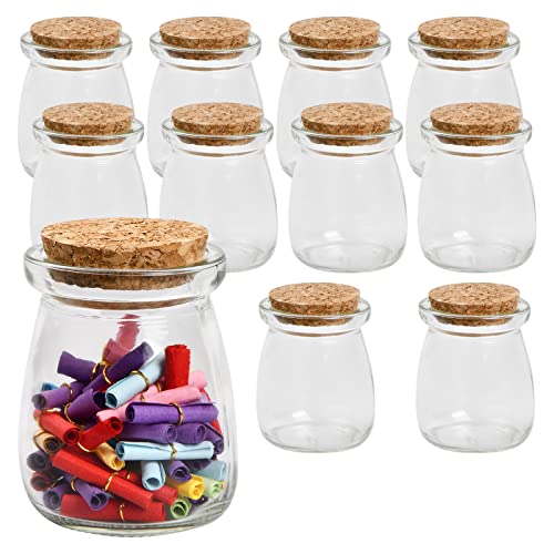 PTJJXA 10 Pack 100ml Glass Favor Jars with Cork Lids, Small Glass Pudding Cup Yogurt Storage Jars, Milk Glass Bottles Containers for Party Wedding Favours Kitchen Spices and Jam