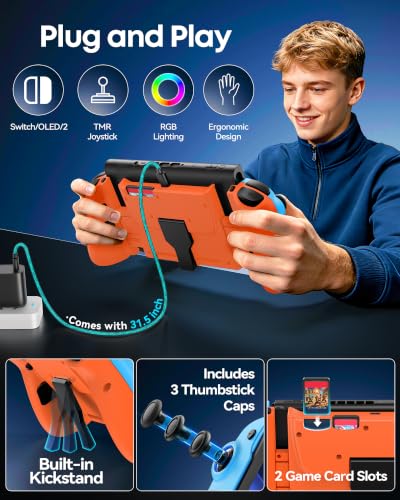 Image of OIVO Switch 1 /2 Controller for Original /OLED /Switch 2 Console, Stretchable Switch Handheld Joypad Ergonomic Grip for NS Pro Controller with RGB Light, TMR Joystick, Turbo, 4 Macro, Blue & Orange