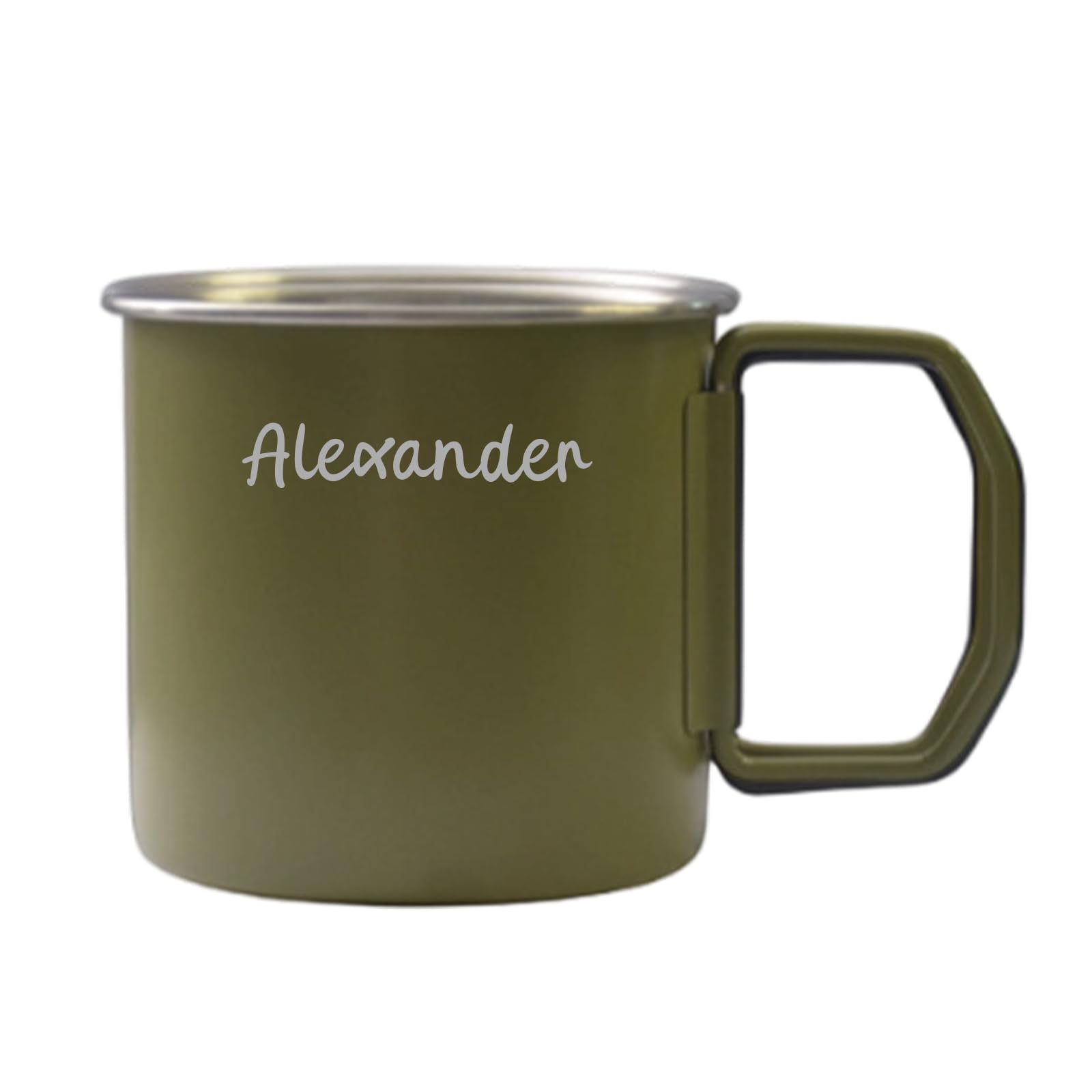 Personalised Stainless Steel Camping Mug, Personalised Foldable Handle Mug – Custom Engraved Metal Coffee Cup for Outdoor, Industrial Style, Rustproof, Gift for Hiker Camper Dad (Army Green)
