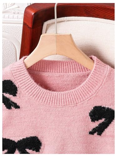 Image of BEAUDRM Girl's Cute Bow Sweater Crew Neck Long Sleeve Drop Shoulder Loose Pullover Tops