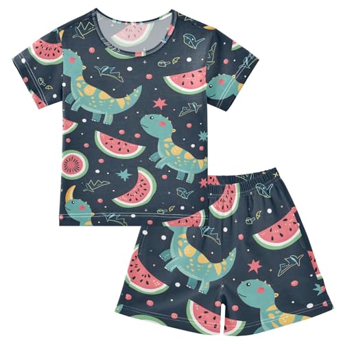 ALAZA Dinosaur Watermelon Blue Pajamas Short Sleeve 2 Piece Sleepwear Top and Bottom Pajama Set Unisex