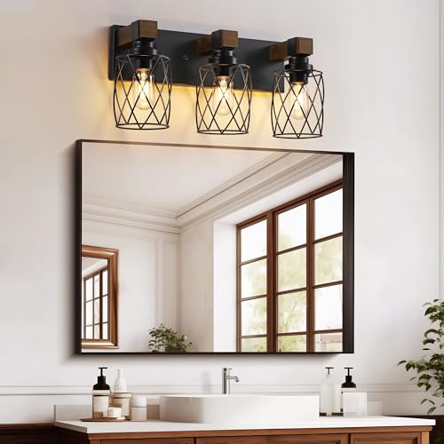 Image of Farmhouse 3-Light Wood Bathroom Vanity Light, Black Metal Cage Shade | Mounted Over Mirror, Industrial Rustic Style, Ideal for Bathroom, Bedroom, Hallway & Living Room, Easy To Install