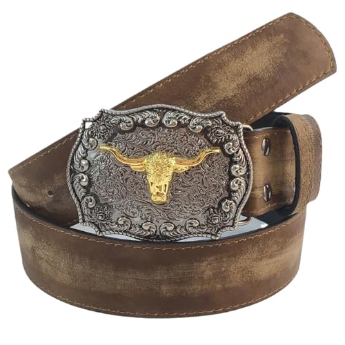 ARROMI Cowboy Belt with Buckle - Men's Leather Belt for Jeans - Dark Brown