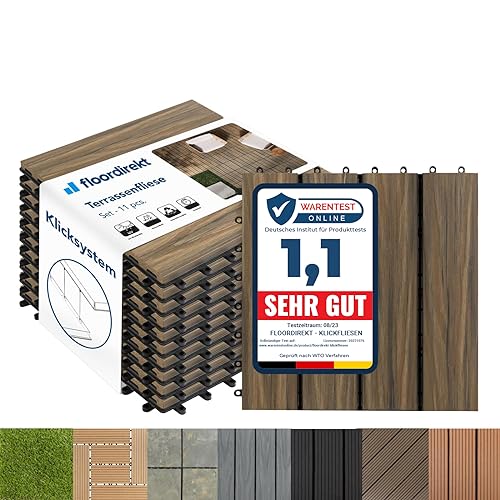 Floordirekt WPC Fliesen 30x30 cm, 1m² = 11 Terrassenfliesen, Klickfliesen, Balkonfliesen in Holzoptik - Bodenbelag für Balkon & Terrasse - wetterfest mit Drainagefunktion | Mix Teak Floordirekt WPC Fliesen 30x30 cm, 1m² = 11 Terrassenfliesen, Klickfliesen, Balkonfliesen in Holzoptik - Bodenbelag für Balkon & Terrasse - wetterfest mit Drainagefunktion | Mix Teak