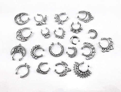 Honbay 20Pcs Fake Septum Clicker Nose Ring Rhinestone Non Piercing Hanger Clip Body Jewelry (Silver) #TOP1