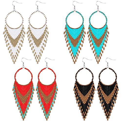 BBTO 4 Pcs Long Beaded Tassel Earrings Bohemia Colorful Native Handmade Statement Fringe Drop Earrings Boho Dangle Tassel Earrings for Women(Elegant Color)