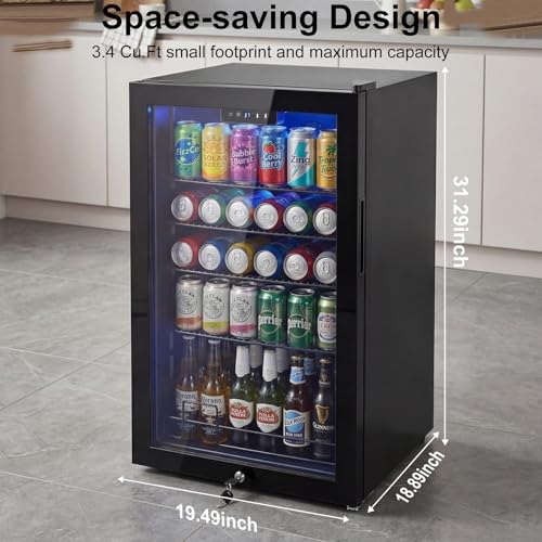 Image of 20 Inch Beverage Refrigerator, Mini Fridge with Glass Door for Soda Beer-130 Can Small Fridge for Home Office Bar, 3.4 Cu.Ft Drink Cooler with Reversible Door, Digital Temperature Control,Black