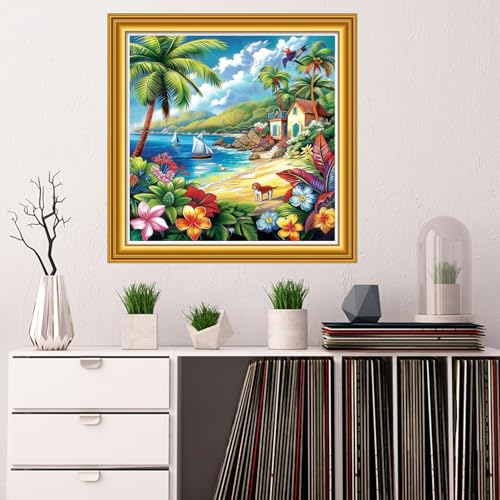 Image of Dooxvey Counted Cross Stitch Kits for Adults 11CT Printed Cross-Stitch Patterns Cross Stitching Embroidery Kit Stamped or Counted Needlepoint Kits-Seaside Scenery 18x18 inch