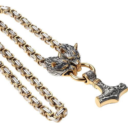 OIDEA Viking Mjolnir Necklace for Men: Punk Stainless Steel Thors Hammer Necklace Amulet Pendant Heavy Duty Wolf Head Byzantine Chain Norse Pagan Jewelry Gifts Silvergold 28