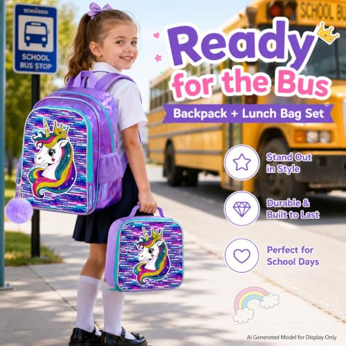 Image of CCJPX 3Pcs Unicorn Backpack, 16 inch Girls Sequin Bookbag with Lunch Box, Kids Water Resistant Elementary School Bag for Kindergarten Preschool Toddler (Purple)