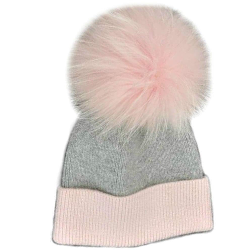 Sombrero de Cachemira con pompón de Color Gris y Rosa, tamaño a Elegir/Hat Fur Murmasky Pink Pom Raccoon Luxury