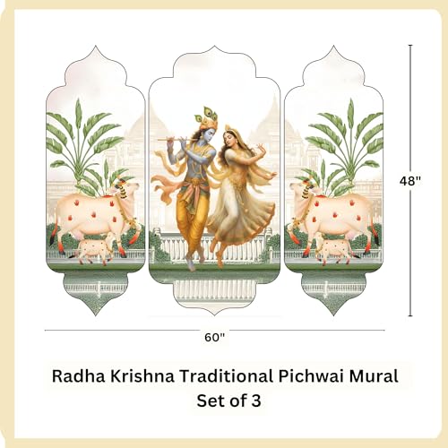 Image of DESIGN YAAR Radha Krishna Traditional Pichwai Wall Mural, Set of 3, 60L x 48W Inch