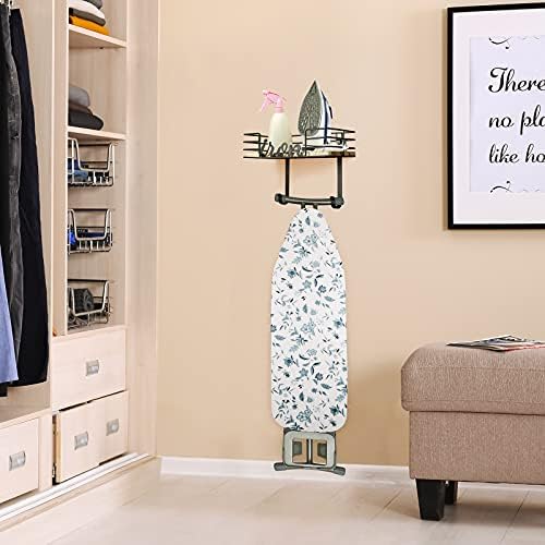 TJ.MOREE Ironing Board Hanger - Laundry Room Iron and Ironing Board Holder, Metal Wall Mount with Large Storage Wooden Base Basket and Removable Hooks